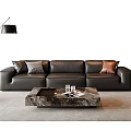 Modern Black Leather Sofa And Marble Coffee Table Set With Decorative Pillows In Living Room
