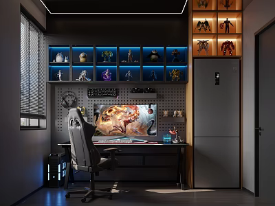 Modern Gaming Room Setup With Action Figures Display Shelves Gaming Chair And LED Lights 3d model
