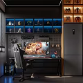 Modern Gaming Room Setup With Action Figures Display Shelves Gaming Chair And LED Lights