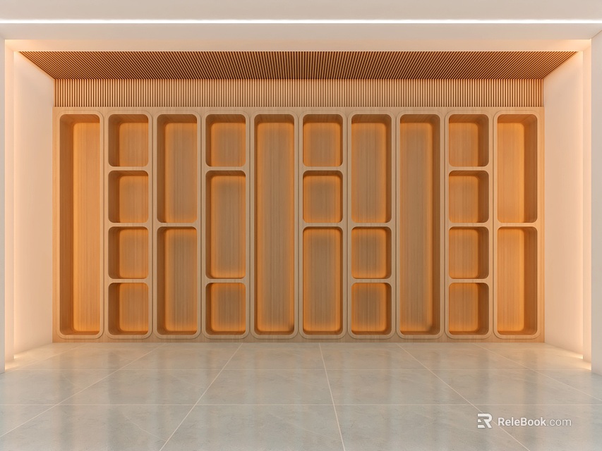Modern Minimalist Exhibition Hall with Wooden Walls Rectangular Compartments Illuminated Lighting and Gray Tile Floor 3d model 