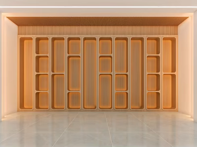 Modern Minimalist Exhibition Hall with Wooden Walls Rectangular Compartments Illuminated Lighting and Gray Tile Floor 3d model
