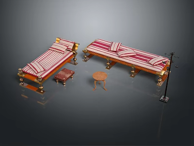 Single Beds With Striped Mattresses Golden Frames Small Stool Round Table And Floor Lamp 3d model