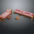 Single Beds With Striped Mattresses Golden Frames Small Stool Round Table And Floor Lamp