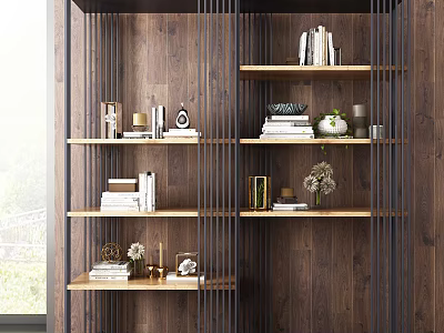 Elegant Modern Wooden Bookshelf With Open Shelves Books Decorative Ornaments And Vases 3d model