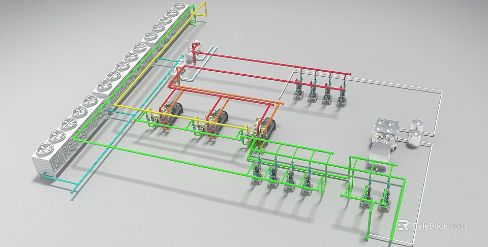Industrial Equipment Featuring Colored Pipes Red Yellow Green And Multiple Units Setup 3d model 