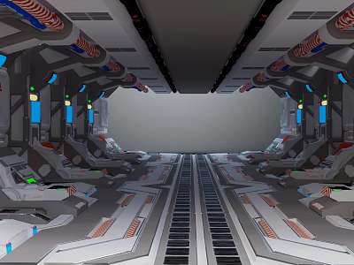 Futuristic Spaceship Interior Design With Control Panels Seats Illuminated Indicators And Metallic Flooring 3d model