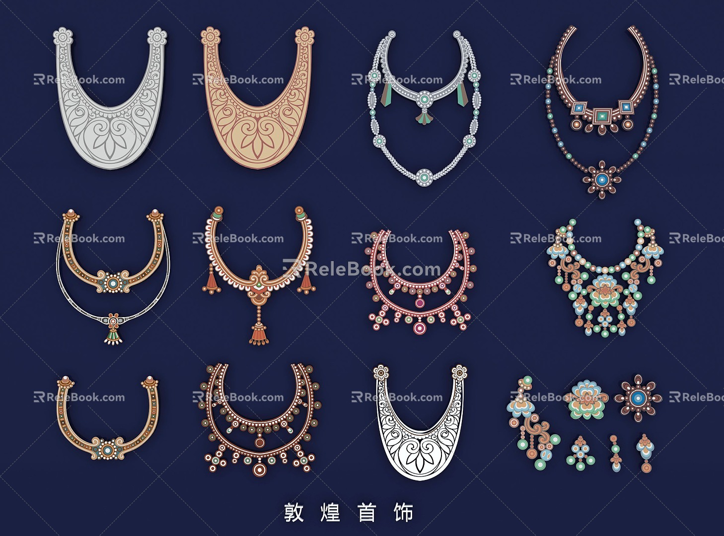 Dunhuang Jewelry Chinese Style Vintage Jewelry Pearl Gemstone Necklace Accessories Pattern 3d model