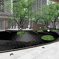 Modern Pergola in Urban Landscape with Water Pond and Green Plant Reflections