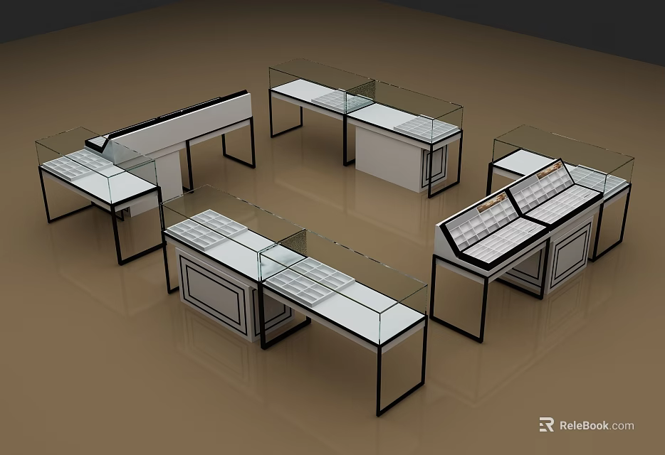 Shopping Mall Store Glass Display Cabinets With White Countertop Black Frame Drawer And Cabinet Door 3d model 