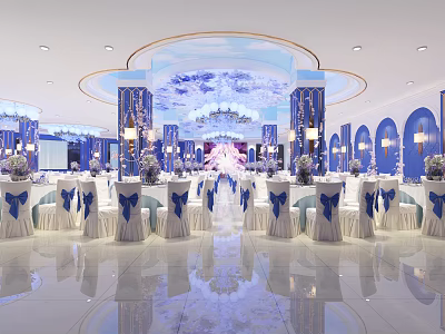 Elegant Blue Themed Banquet Hall With White Chairs Blue Bows And Ceiling Decorations 3d model