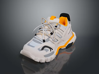 Sporty White Lace Up Sneakers With Yellow Black Accents And Thick Sole Design 3d model