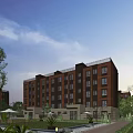 Modern Multi Story Residential Building With Red Brick Facade And Surrounding Greenery