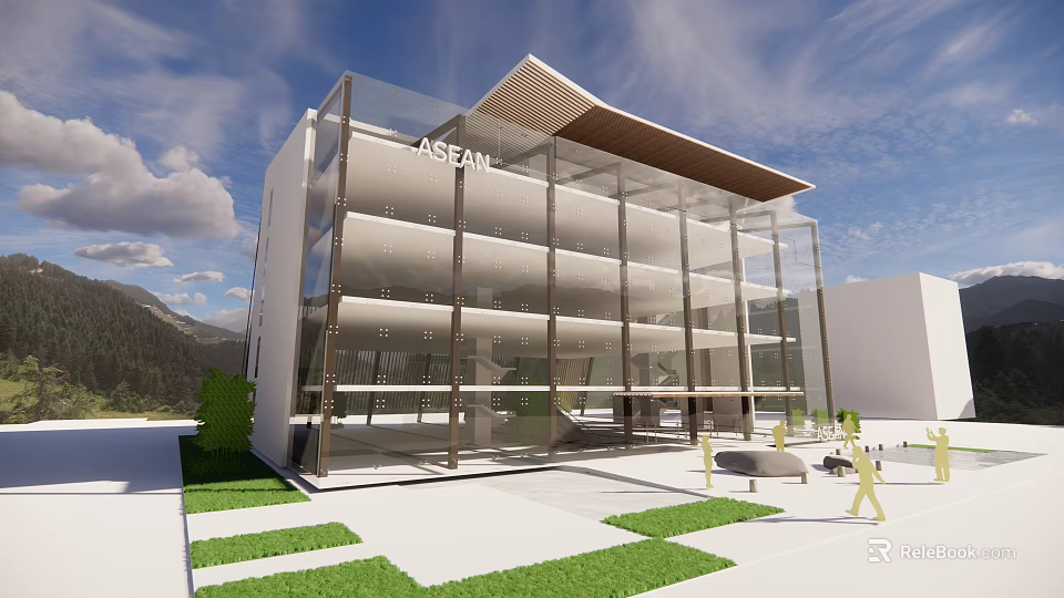 Modern ASEAN Office Building With Glass Facade Green Lawn And Mountain Backdrop 3d model 