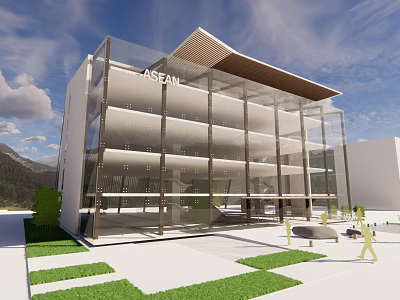 Modern ASEAN Office Building With Glass Facade Green Lawn And Mountain Backdrop 3d model