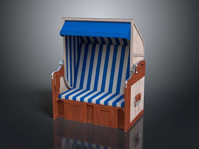 Blue And White Striped Beach Chair With Wooden Frame And Blue Canopy 3d model