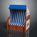 Blue And White Striped Beach Chair With Wooden Frame And Blue Canopy