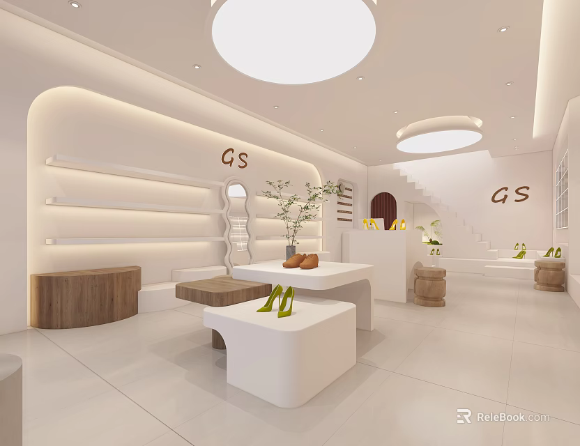 Modern Retail Store Interior With White Shelves Wooden Stools Green Plants Round Ceiling Lights And Display Island 3d model 