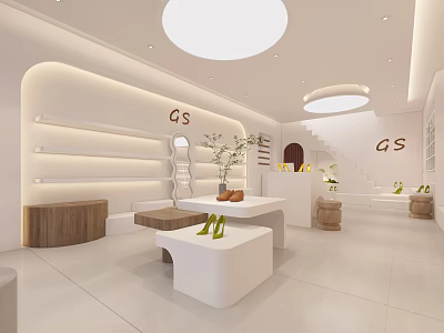 Modern Retail Store Interior With White Shelves Wooden Stools Green Plants Round Ceiling Lights And Display Island 3d model