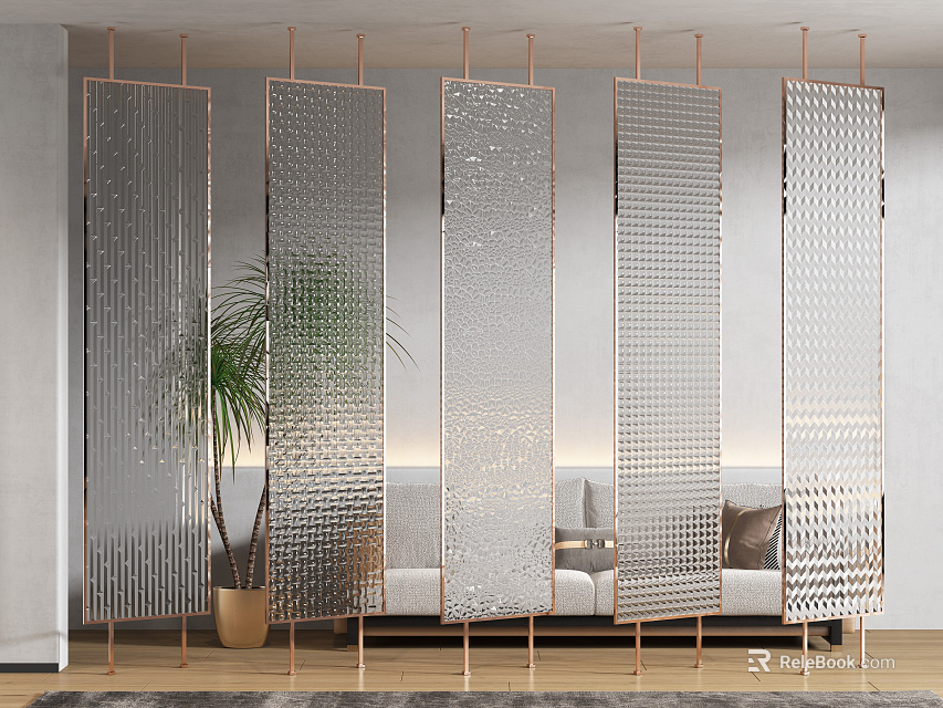 Modern Living Room Interior With Multiple Glass Room Dividers And Rose Gold Frames 3d model 