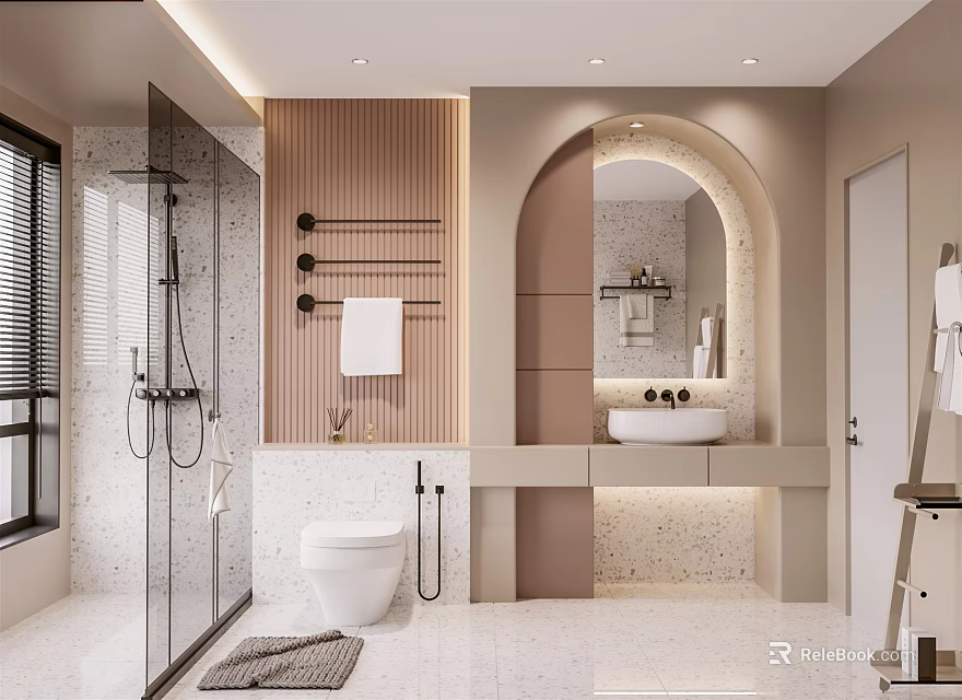 Modern Bathroom Interior Design With Shower Area Toilet Vanity Mirror And Wooden Wall 3d model 