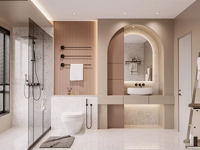 Modern Bathroom Interior Design With Shower Area Toilet Vanity Mirror And Wooden Wall 3d model