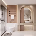 Modern Bathroom Interior Design With Shower Area Toilet Vanity Mirror And Wooden Wall