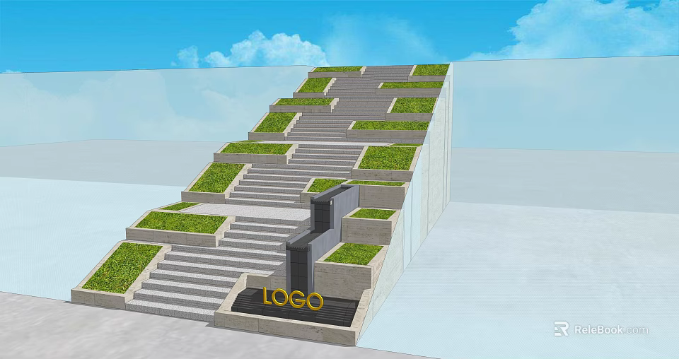Modern Staircase Design With Green Plants And LOGO On Urban Structure 3d model 