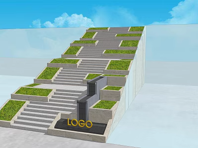 Modern Staircase Design With Green Plants And LOGO On Urban Structure 3d model
