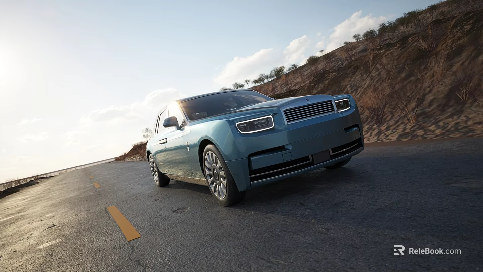 Blue Luxury Car Driving On Road With Hills Background 3d model 