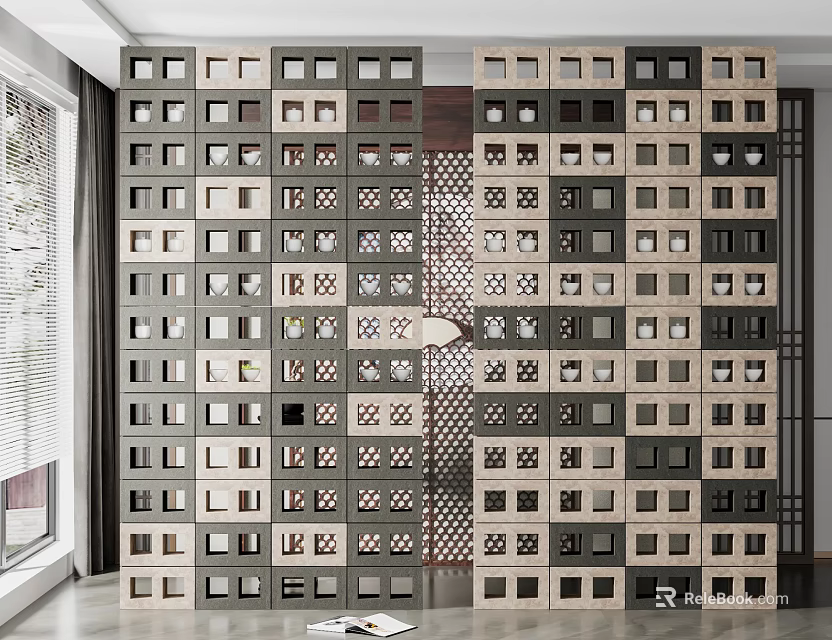 Wooden Room Divider With Grid Structure And Openwork Design For Interior Decor 3d model