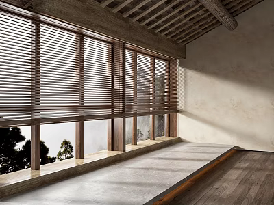 Wooden Window Blinds Allowing Natural Light In Interior With Wooden Ceiling And Concrete Floor 3d model