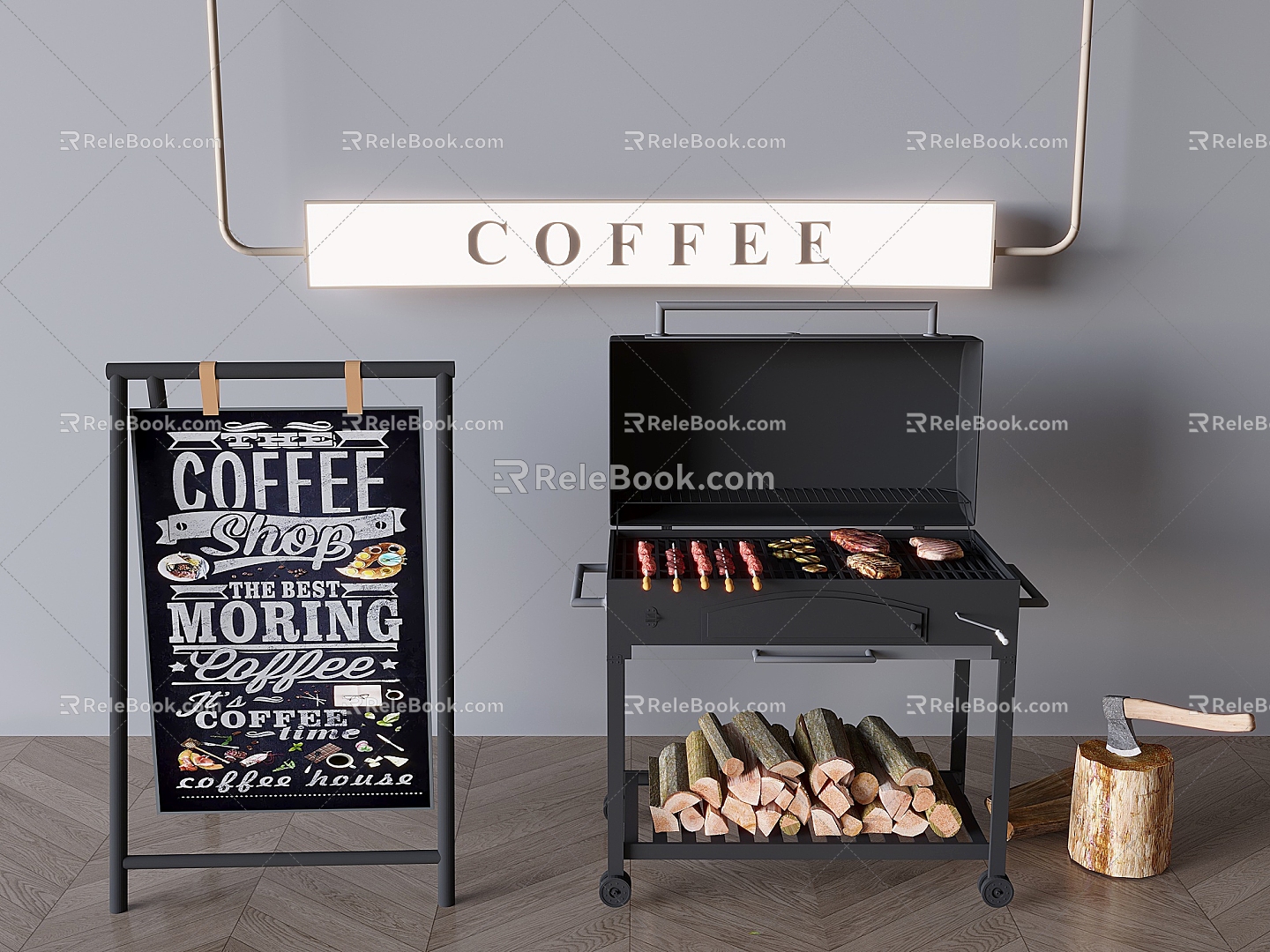 Barbecue Grill Barbecue Grill Barbecue Wood Cafe Small Blackboard Billboard Folding Floor KT Display Card Display Rack 3d model