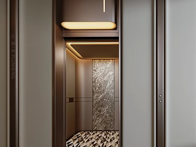 Modern Elevator Hallway Design With Warm Lighting And Marble Wall Patterned Flooring 3d model