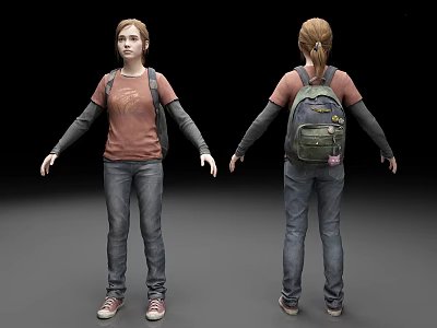 Character Front And Back View With Red T-Shirt Long Sleeves Jeans Backpack And Stickers 3d model