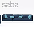 Navy Blue Modern Sofa With Light Blue Cushions And Metal Legs 3d model