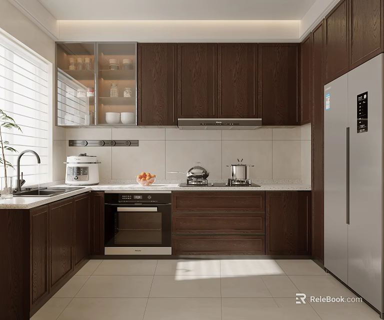 Dark Brown Wooden Kitchen With Stainless Steel Refrigerator White Countertop Sink And Oven 3d model 