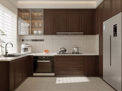 Dark Brown Wooden Kitchen With Stainless Steel Refrigerator White Countertop Sink And Oven 3d model