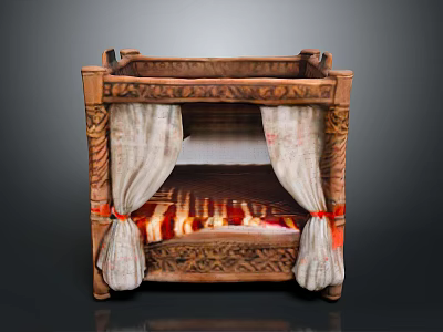 Traditional Wooden Bed With Intricate Carved Frame And White Canopies Red Ties 3d model