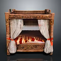 Traditional Wooden Bed With Intricate Carved Frame And White Canopies Red Ties