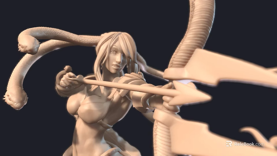Detailed 3D Sculpture Carving Of Female Archer With Tentacle Like Structures And Bow 3d model 