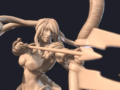 Detailed 3D Sculpture Carving Of Female Archer With Tentacle Like Structures And Bow 3d model