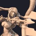 Detailed 3D Sculpture Carving Of Female Archer With Tentacle Like Structures And Bow