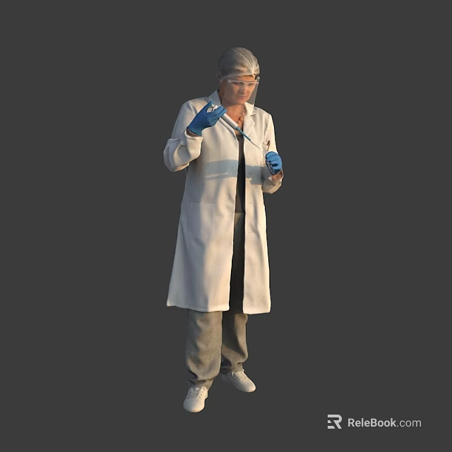 Woman in White Lab Coat with Protective Face Shield and Blue Gloves Holding Test Tube 3d model 