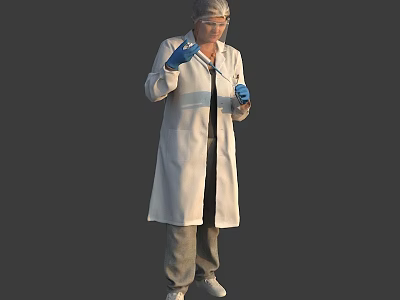 Woman in White Lab Coat with Protective Face Shield and Blue Gloves Holding Test Tube 3d model