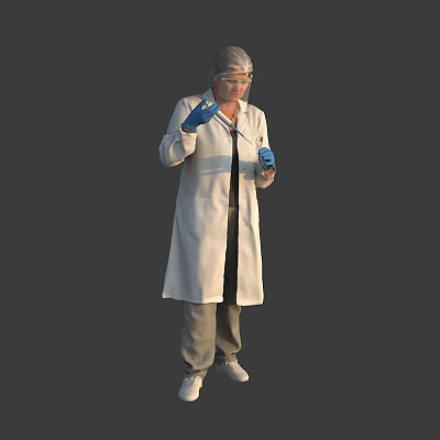 Woman in White Lab Coat with Protective Face Shield and Blue Gloves Holding Test Tube 3d model