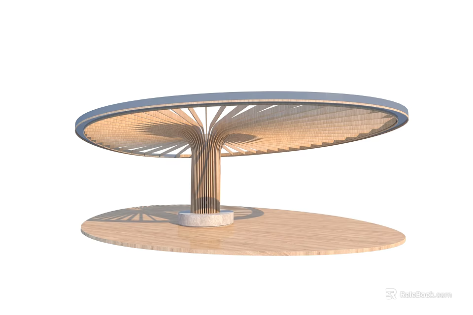 Modern Wooden Pergola Featuring Umbrella Shaped Canopy And Fan Shaped Structure With Circular Base 3d model 