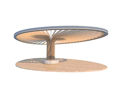 Modern Wooden Pergola Featuring Umbrella Shaped Canopy And Fan Shaped Structure With Circular Base 3d model