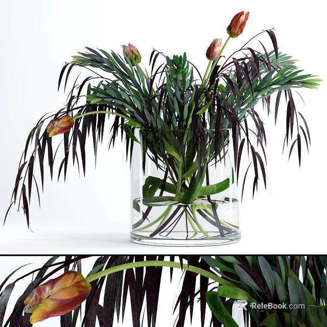Clear Glass Vase With Fresh Green Foliage And Red Tulip Buds Decoration 3d model 