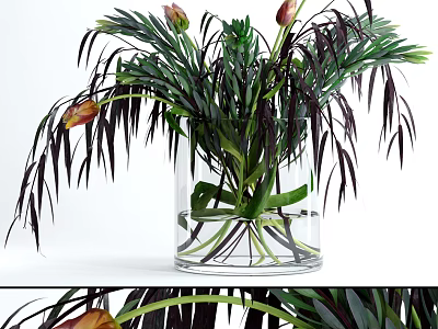 Clear Glass Vase With Fresh Green Foliage And Red Tulip Buds Decoration 3d model