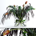 Clear Glass Vase With Fresh Green Foliage And Red Tulip Buds Decoration